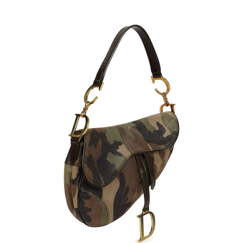 Vintage Christian Dior Camouflage Saddle Bag Green and Brown Suede Gold Hardware - Image 4