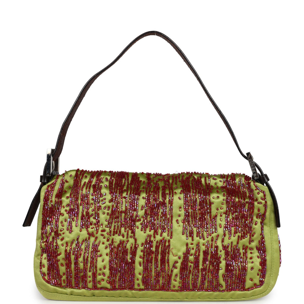 Vintage Fendi Baguette Bag Green and Red Beaded Satin Orange Python Silver Hardware - Image 5
