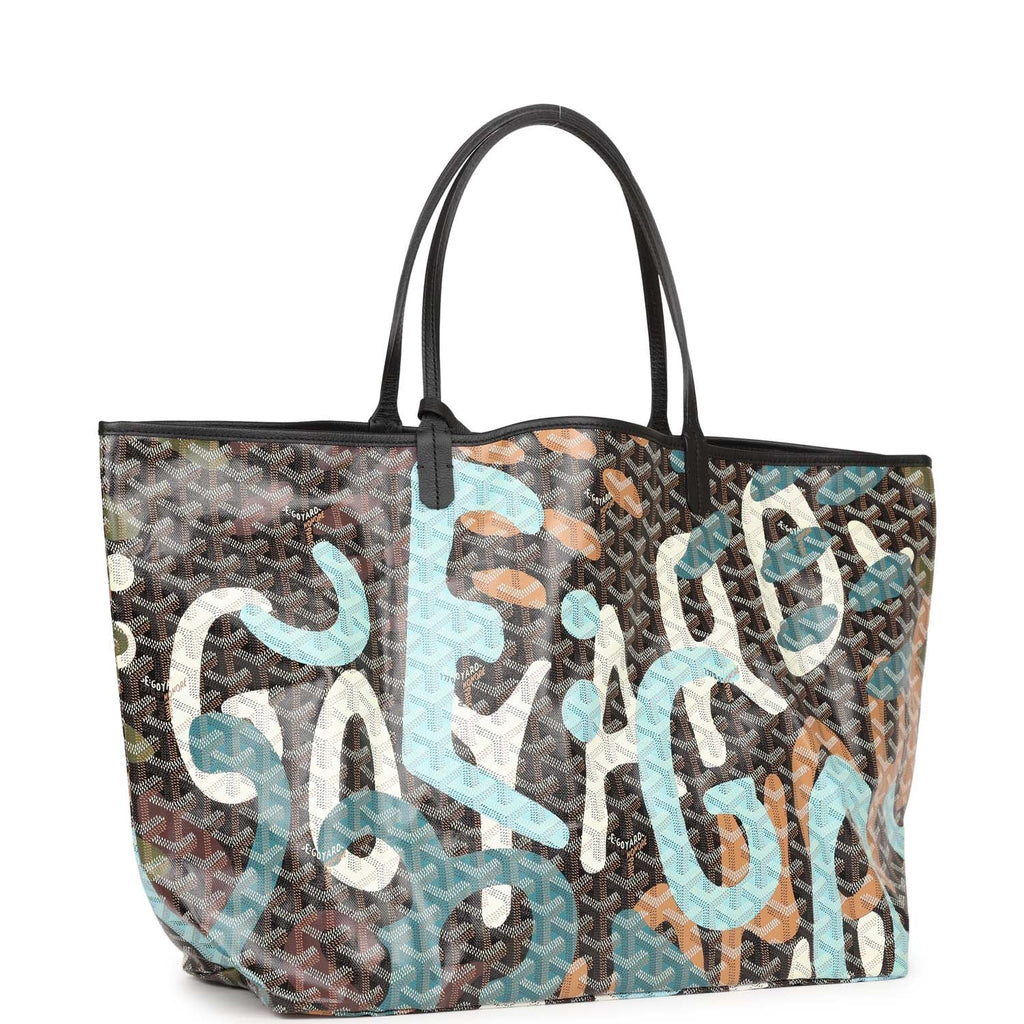 Goyard Limited Edition Black Goyardine Canvas Blue Lettres Camouflage Saint Louis GM Tote Bag Palladium Hardware - Image 3