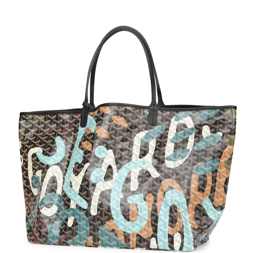 Goyard Limited Edition Black Goyardine Canvas Blue Lettres Camouflage Saint Louis GM Tote Bag Palladium Hardware - Image 5