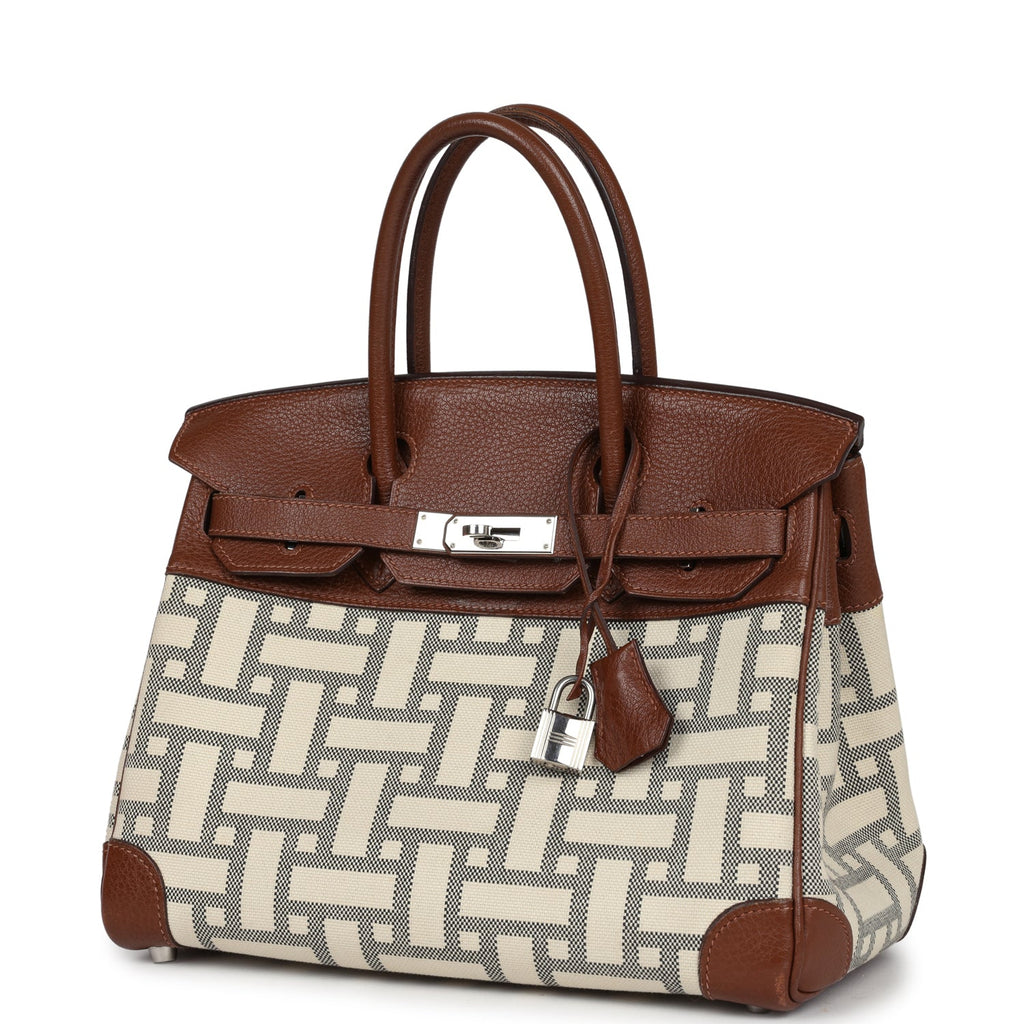 Pre-owned Hermes Birkin 30 Marron D'Inde Buffalo and Mosaique Canvas Palladium Hardware - Image 6