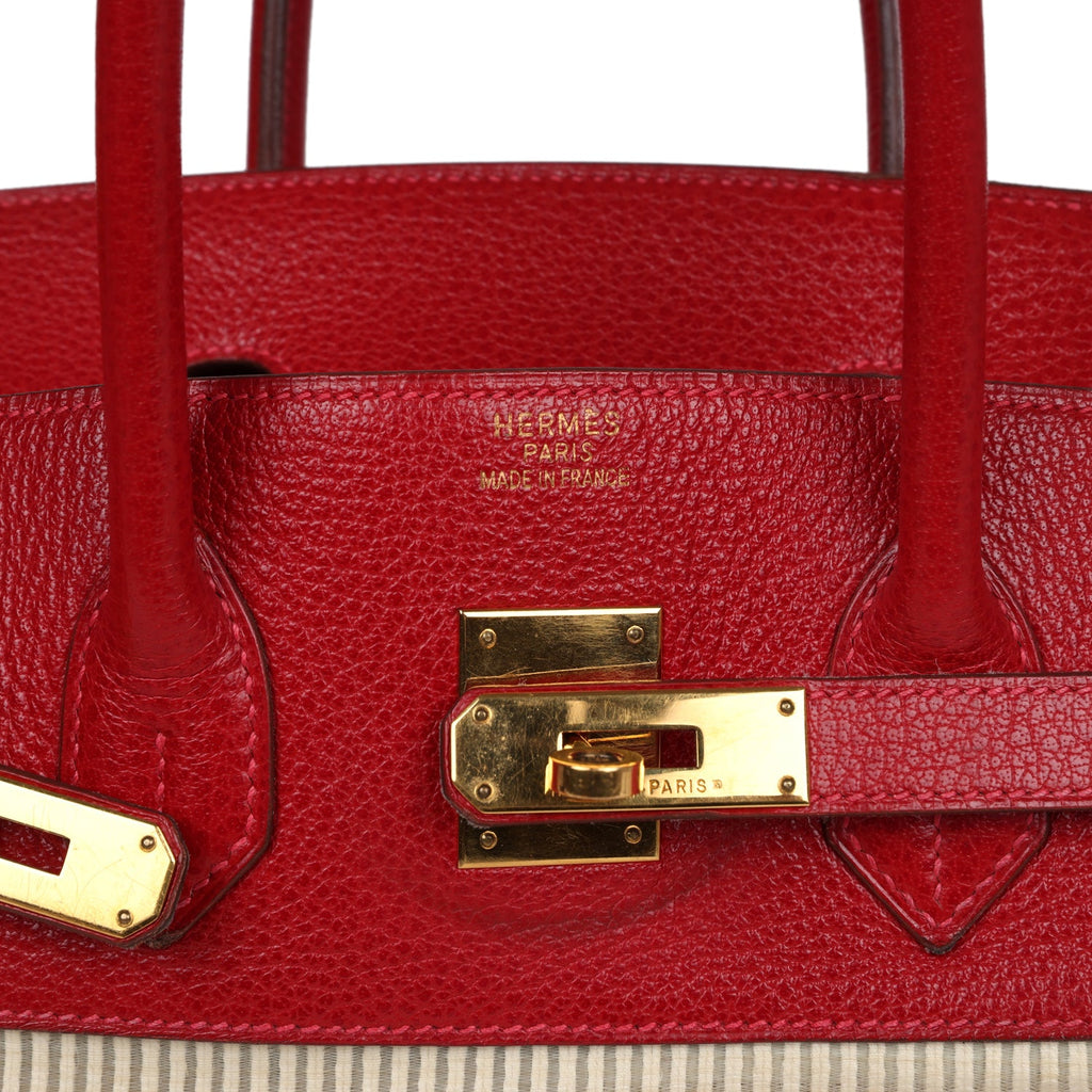 Vintage Hermes Birkin 35 Rouge Vif Buffalo and Crinoline Gold Hardware - Image 8
