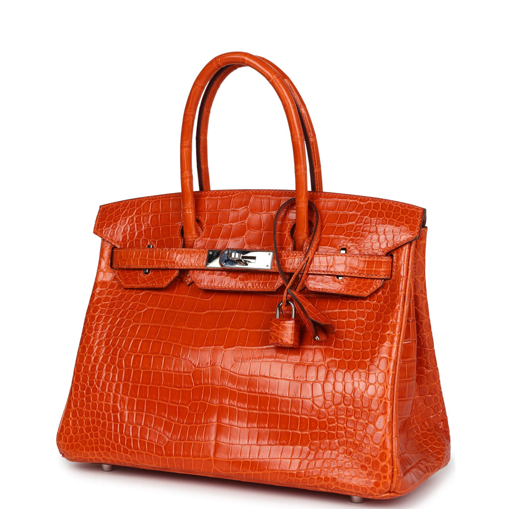 Pre-owned Hermes Birkin 30 Orange Shiny Porosus Crocodile Palladium Hardware - Image 6