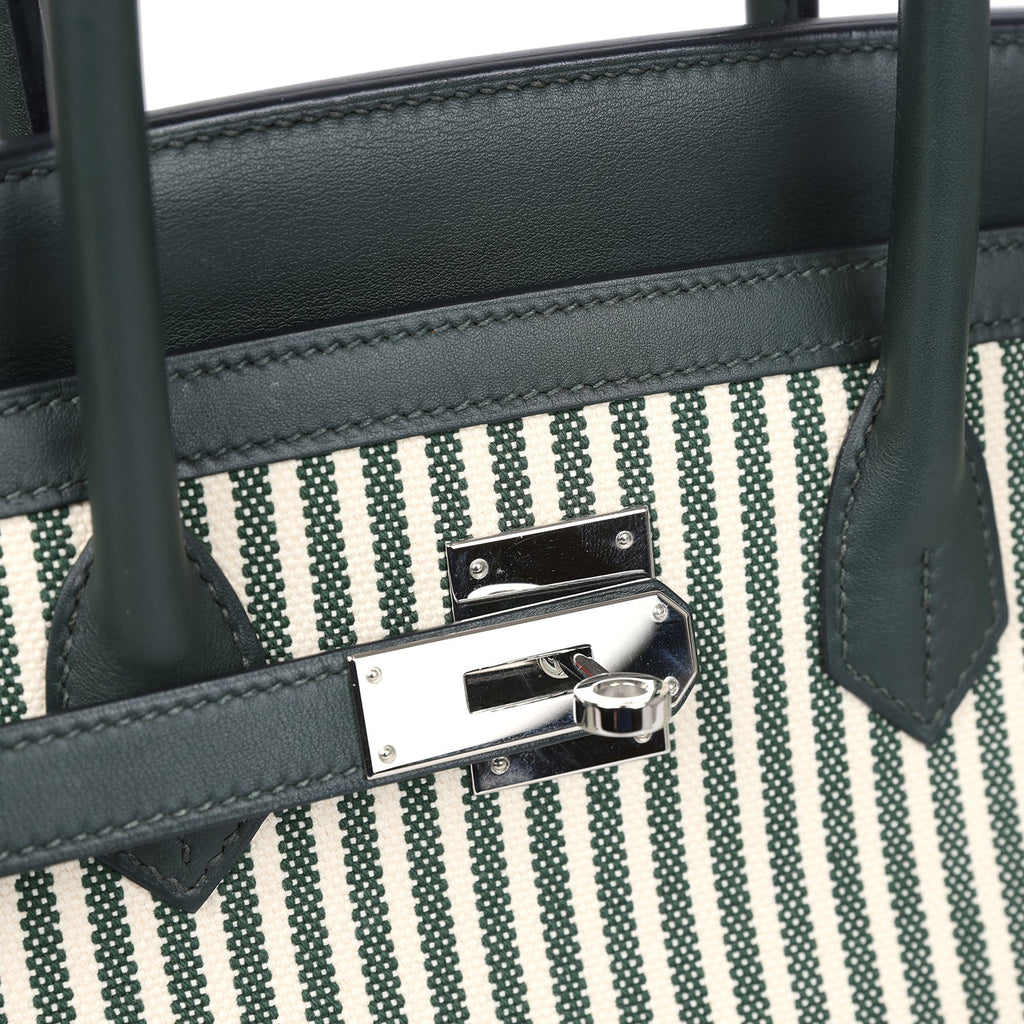 Pre-owned Hermes Birkin 35 Toile Riga and Vert Anglais Swift Palladium Hardware - Image 8