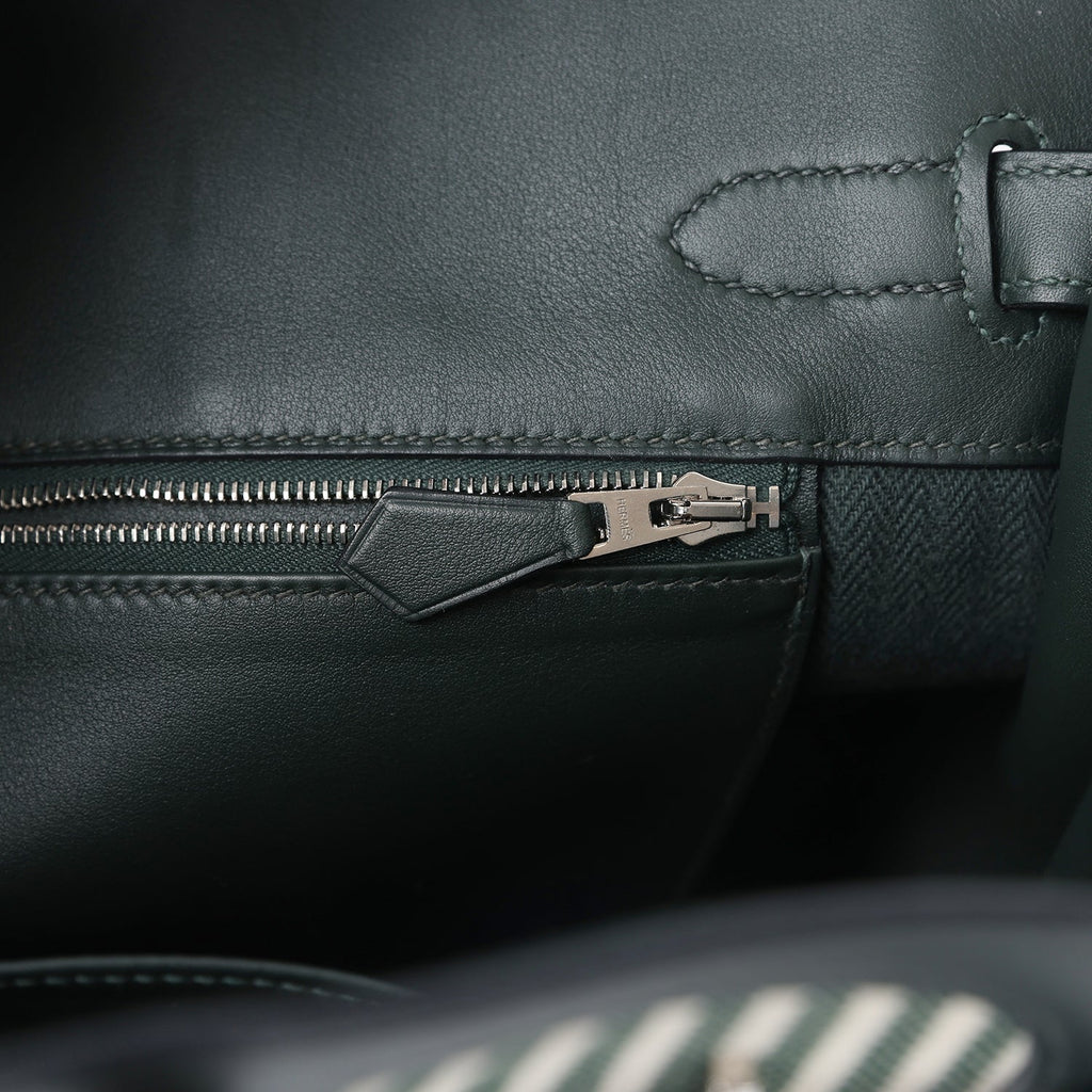 Pre-owned Hermes Birkin 35 Toile Riga and Vert Anglais Swift Palladium Hardware - Image 9