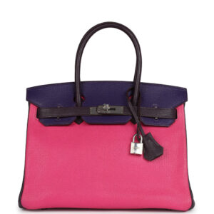 Pre-owned Hermes Special Order (HSS) Birkin 30 Tri-color Raisin, Ultraviolet and Rose Shocking Chevre Palladium Hardware