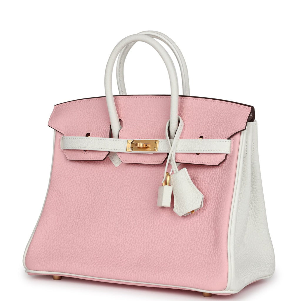 Hermes Special Order (HSS) Birkin 25 Rose Sakura and White Clemence Brushed Gold Hardware - Image 6