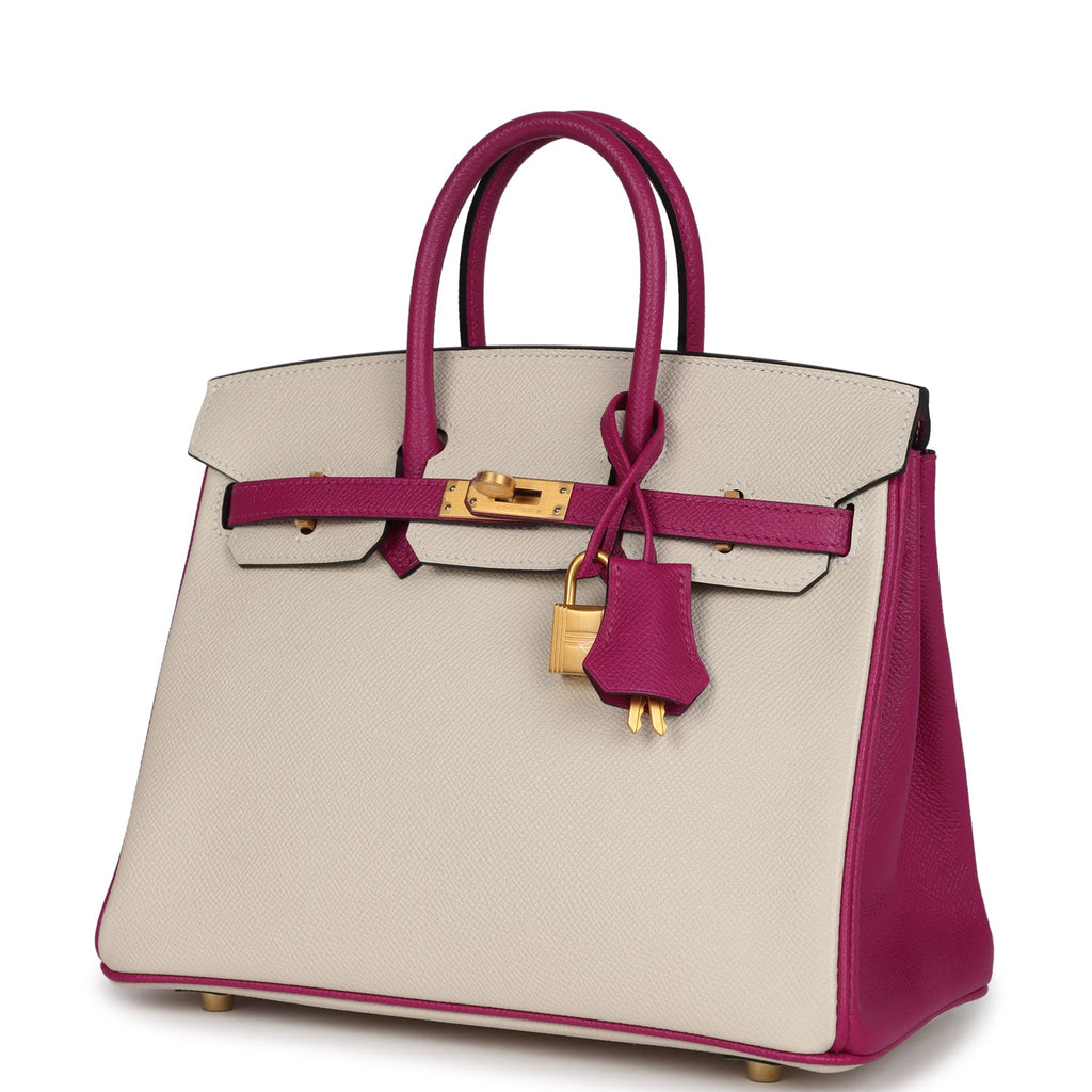 Hermes Special Order (HSS) Birkin 25 Craie and Rose Pourpre Epsom Brushed Gold Hardware - Image 6