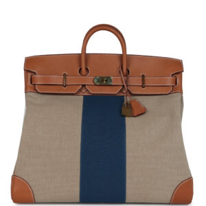 Pre-owned Hermes Birkin HAC 50 Flag Ficelle Toile H, Fauve Barenia and Bleu Toile H Canvas Gold Hardware