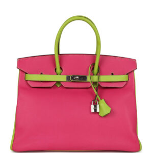 Pre-owned Hermes Special Order (HSS) Birkin 35 Rose Tyrien and Kiwi Epsom Palladium Hardware