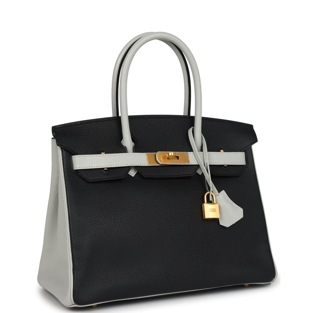 Pre-owned Hermes Special Order (HSS) Birkin 30 Black and Gris Perle Chevre Mysore Brushed Gold Hardware - Image 3