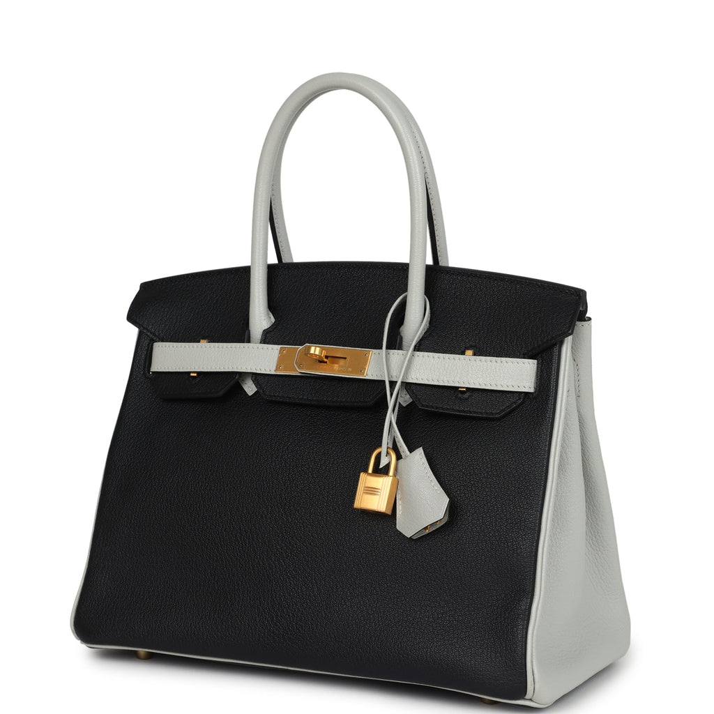 Pre-owned Hermes Special Order (HSS) Birkin 30 Black and Gris Perle Chevre Mysore Brushed Gold Hardware - Image 6