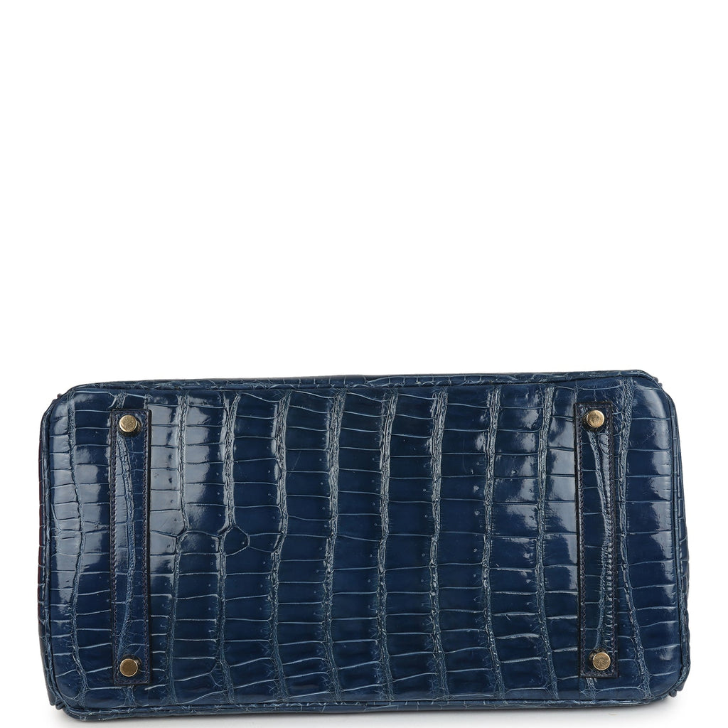 Vintage Hermes Birkin 35 Bleu Roi and Orange Shiny Porosus Crocodile Gold Hardware - Image 7