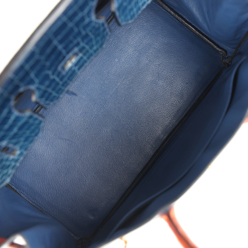 Vintage Hermes Birkin 35 Bleu Roi and Orange Shiny Porosus Crocodile Gold Hardware - Image 9