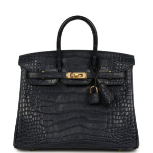 Pre-owned Hermes Birkin 25 Bleu Indigo Matte Alligator Gold Hardware