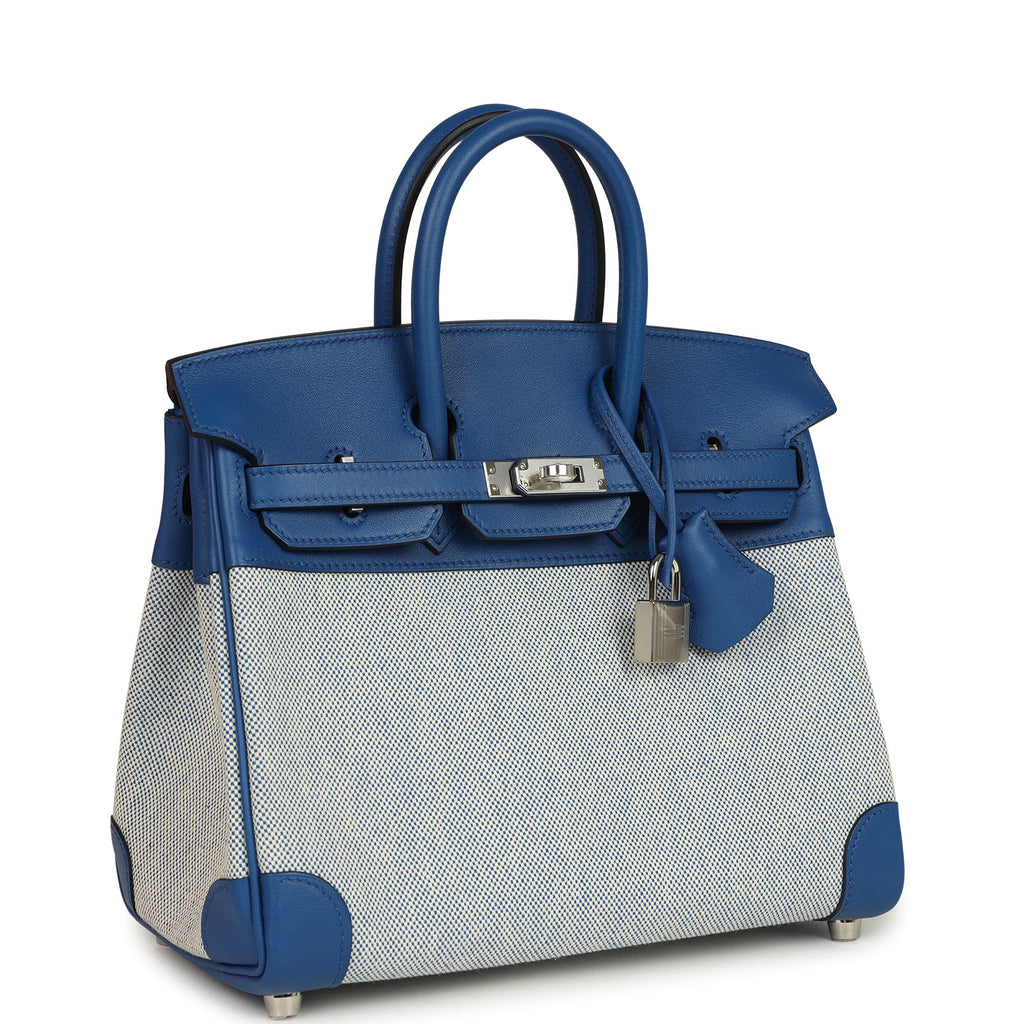 Hermes Birkin 25 Bleu France Swift and Bleu Bill-Ecru Toile H Canvas Palladium Hardware - Image 3