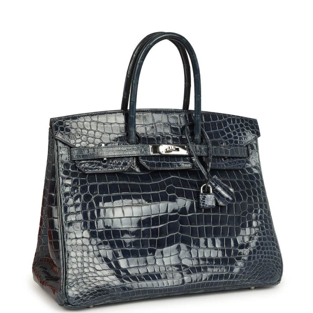 Pre-owned Hermes Birkin 35 Bleu Abysse Shiny Porosus Crocodile Palladium Hardware - Image 3