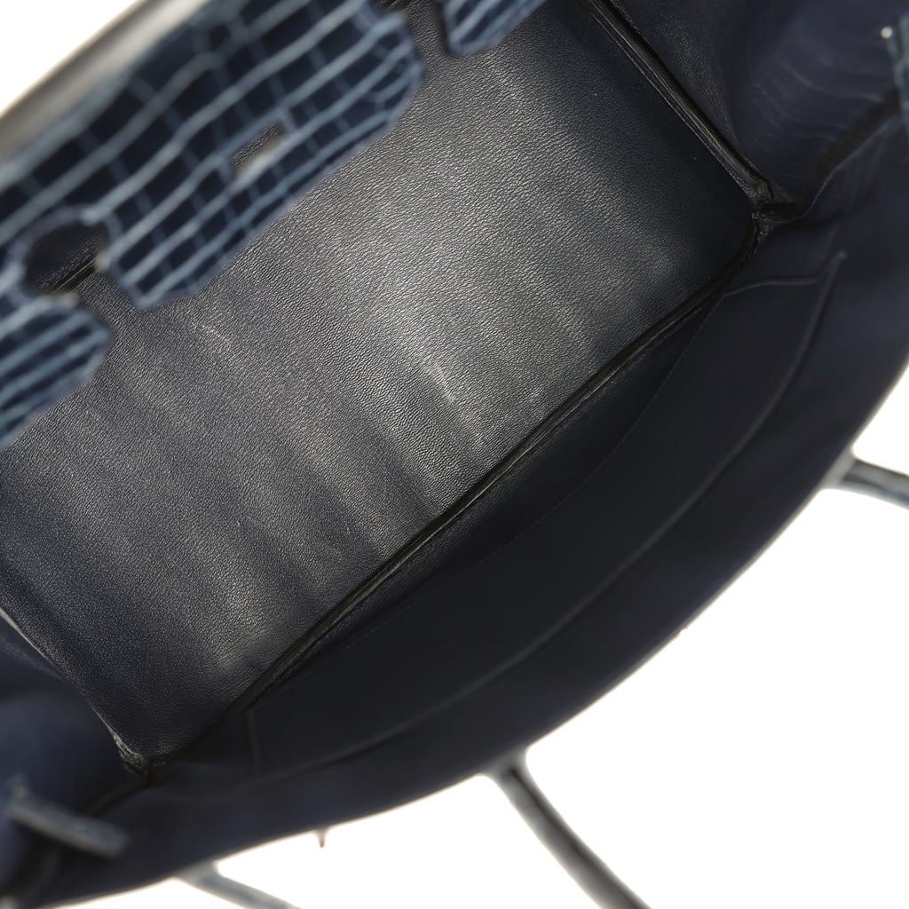 Pre-owned Hermes Birkin 35 Bleu Abysse Shiny Porosus Crocodile Palladium Hardware - Image 9