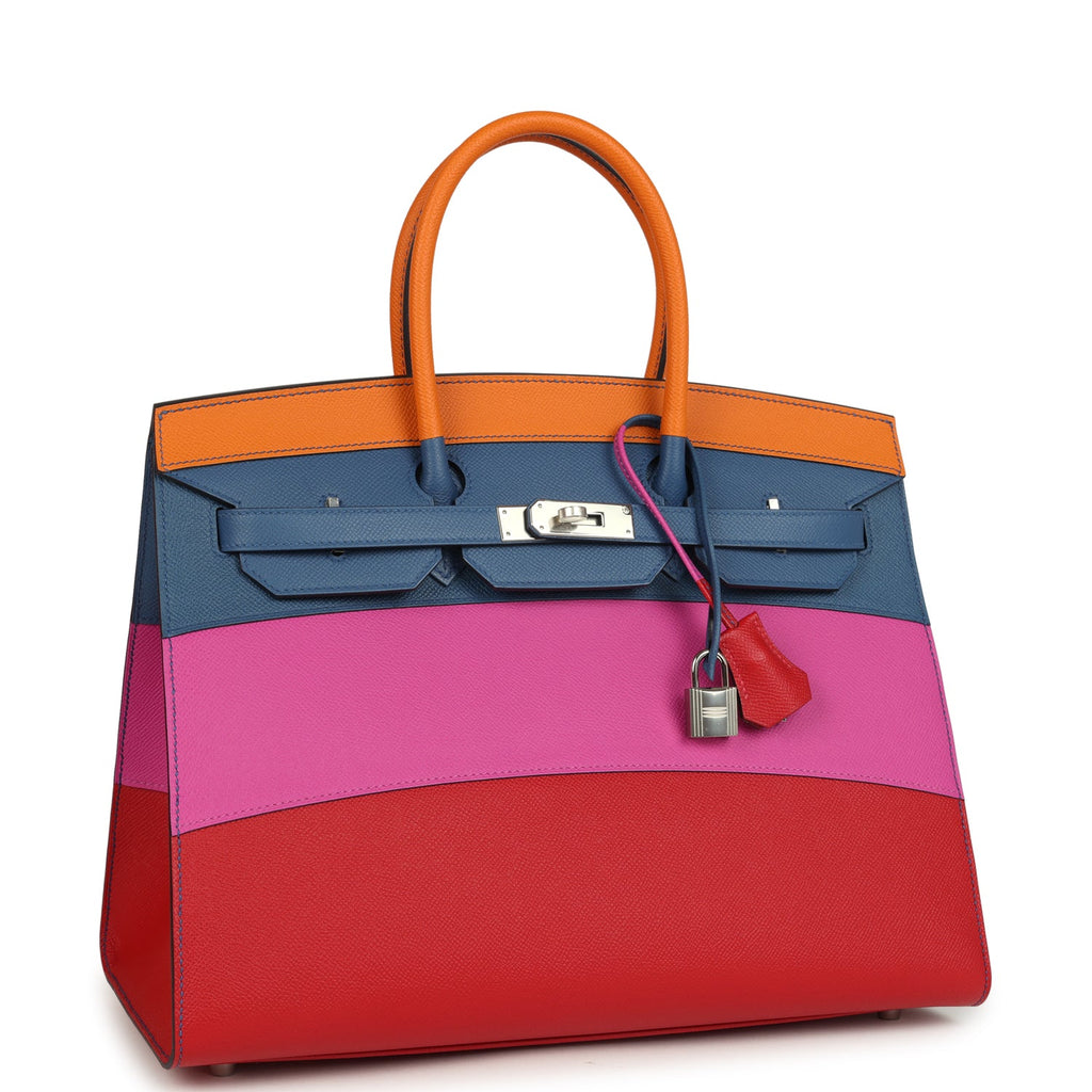 Hermes "Sunset" Birkin Sellier 35 Abricot, Bleu Agate, Magnolia and Rouge Casaque Epsom Palladium Hardware - Image 3