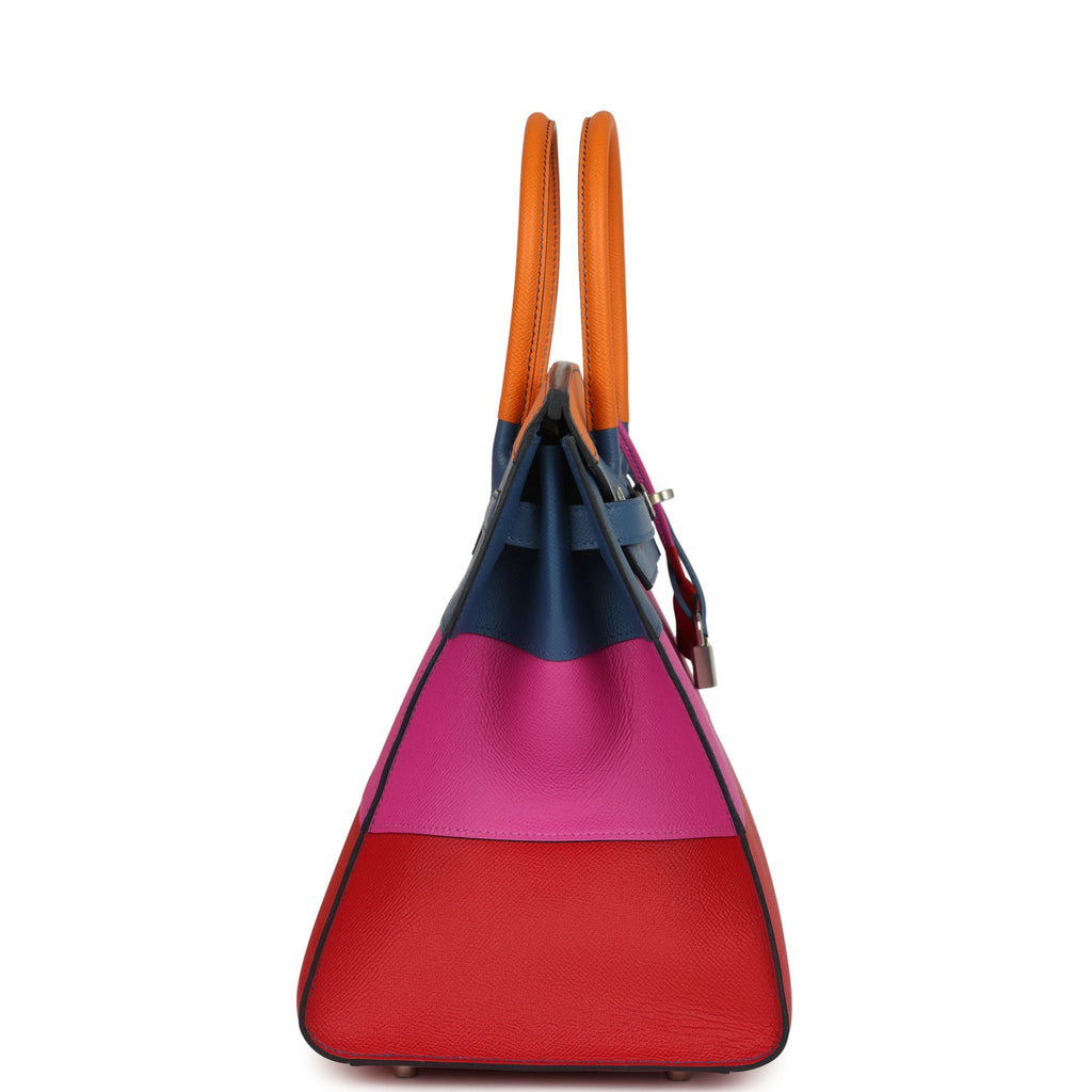 Hermes "Sunset" Birkin Sellier 35 Abricot, Bleu Agate, Magnolia and Rouge Casaque Epsom Palladium Hardware - Image 4