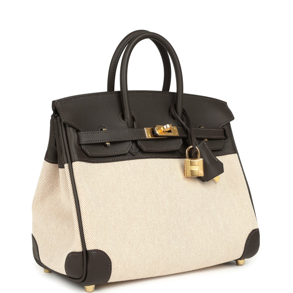 Hermes Birkin 25 Ecru and Beige Toile H Canvas and Bai Brun Swift Gold Hardware - Image 3