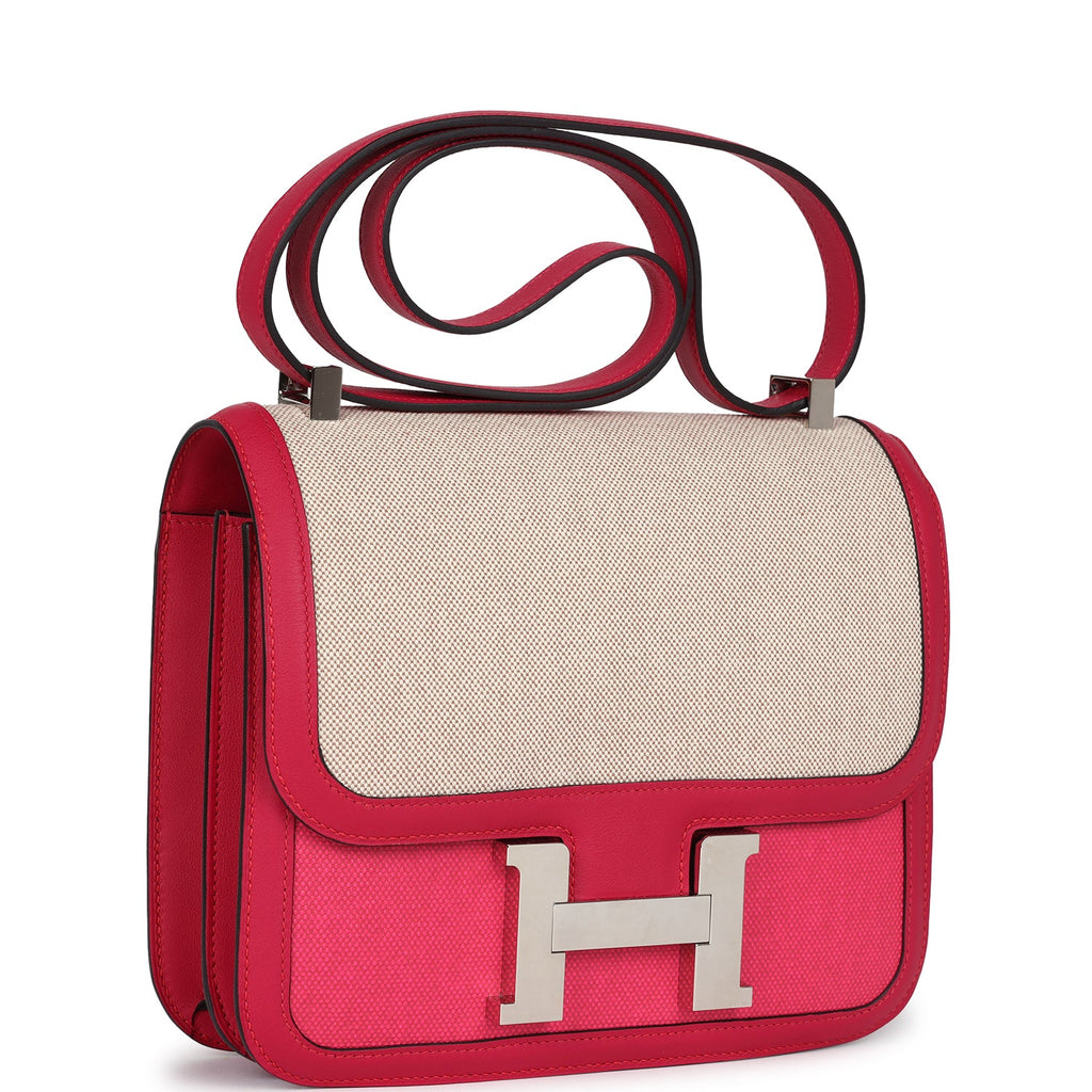 Pre-owned Hermes Constance 24 Rose Shocking and Ecru Toile H Berline and Framboise Swift Palladium Hardware - Image 3