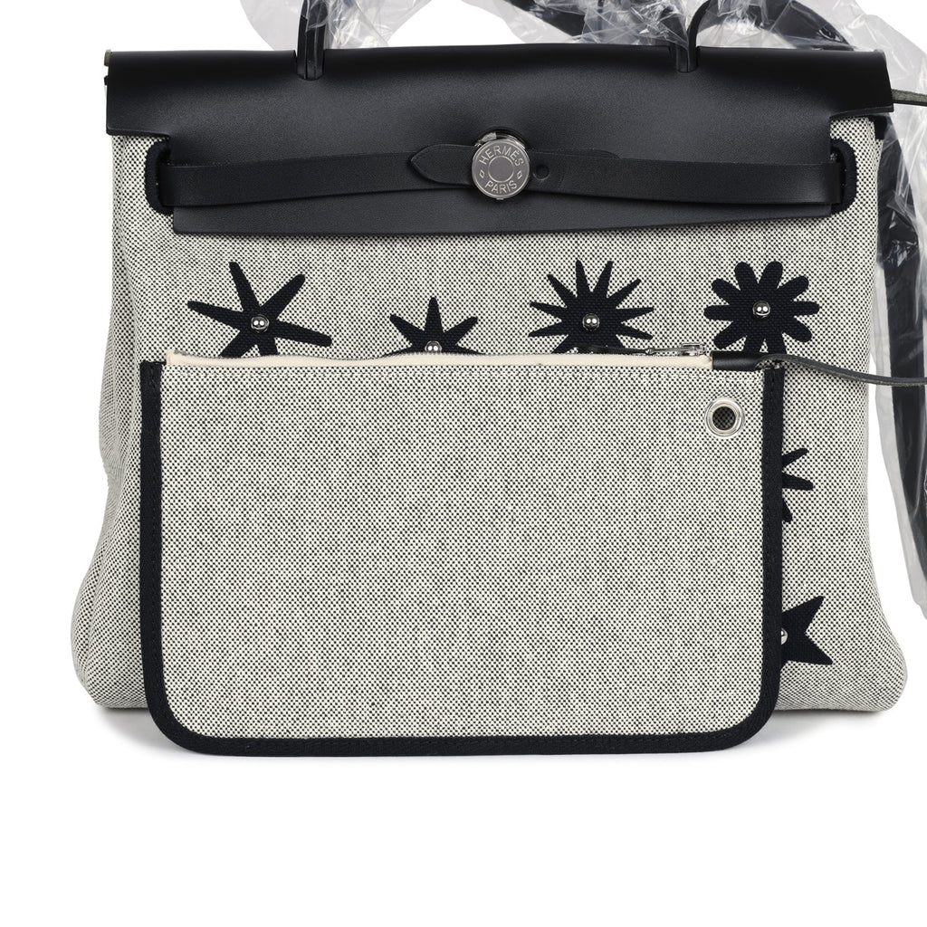 Hermes Herbag Zip 31 PM Hobnailed Black and Ecru Printed H Plume Canvas and Vache Hunter Palladium Hardware - Image 8