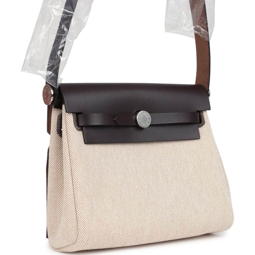 Hermes Herbag Zip 20 Mini Ecru and Beige Toile H Canvas and Ebene Vache Hunter Palladium Hardware - Image 3