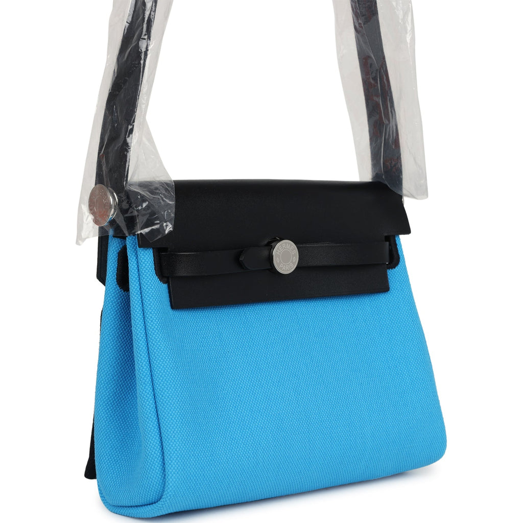 Hermes Herbag Zip 20 Mini Bleu Riviera Toile H Canvas and Black Vache Hunter Palladium Hardware - Image 3