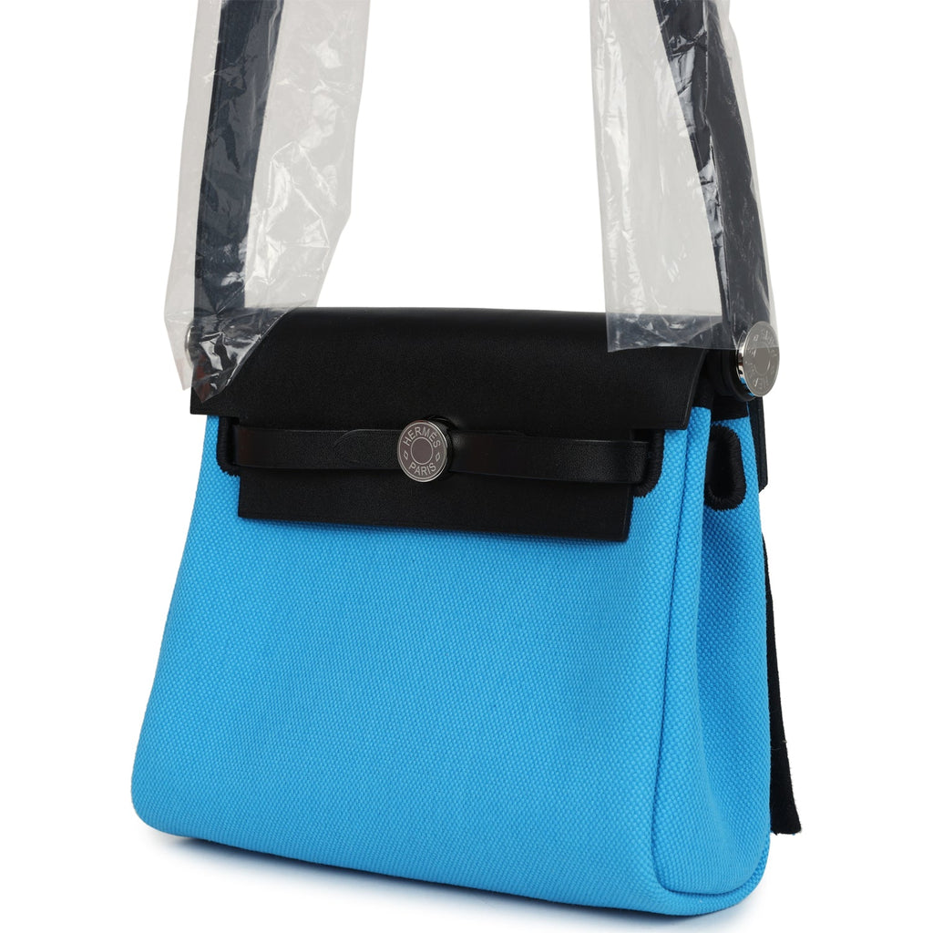 Hermes Herbag Zip 20 Mini Bleu Riviera Toile H Canvas and Black Vache Hunter Palladium Hardware - Image 6