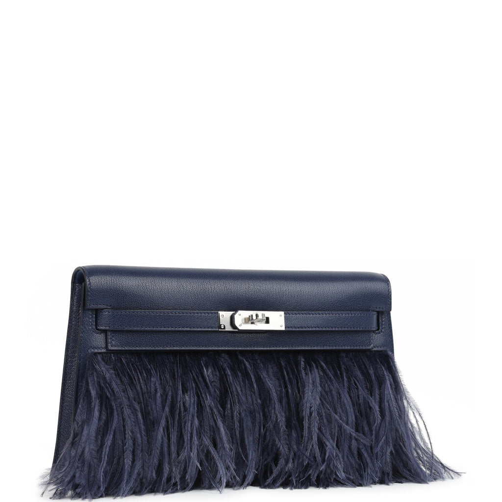 Hermes Kelly Elan Foile Bleu Saphir Chevre Chamkila and Ostrich Feathers Palladium Hardware - Image 3