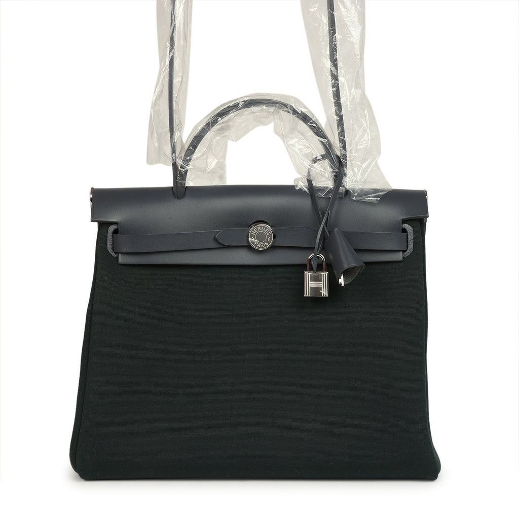 Hermes Herbag Zip PM 31 Vert Cypres Officier Canvas and Ardoise Vache Hunter Palladium Hardware