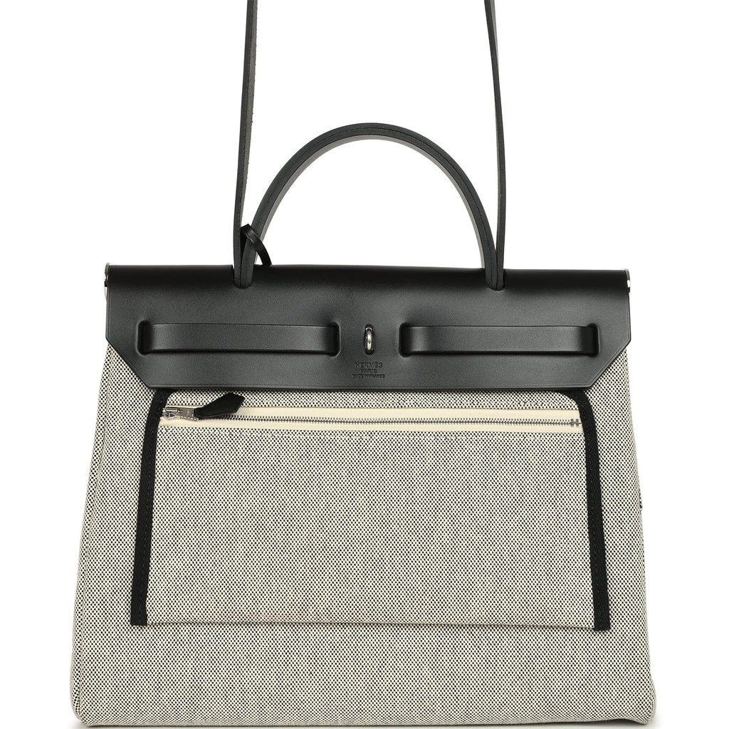 Pre-owned Hermes Herbag Zip Pegase Pop PM 31 Ecru Toile H Canvas and Black Hunter Palladium Hardware - Image 7