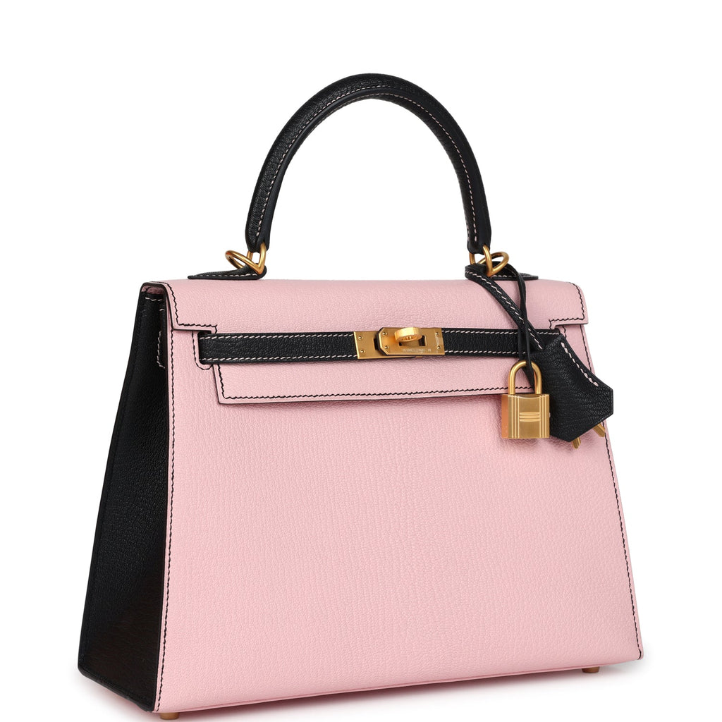 Hermes Special Order (HSS) Kelly Sellier 25 Rose Sakura and Black Chevre Mysore Brushed Gold Hardware - Image 3