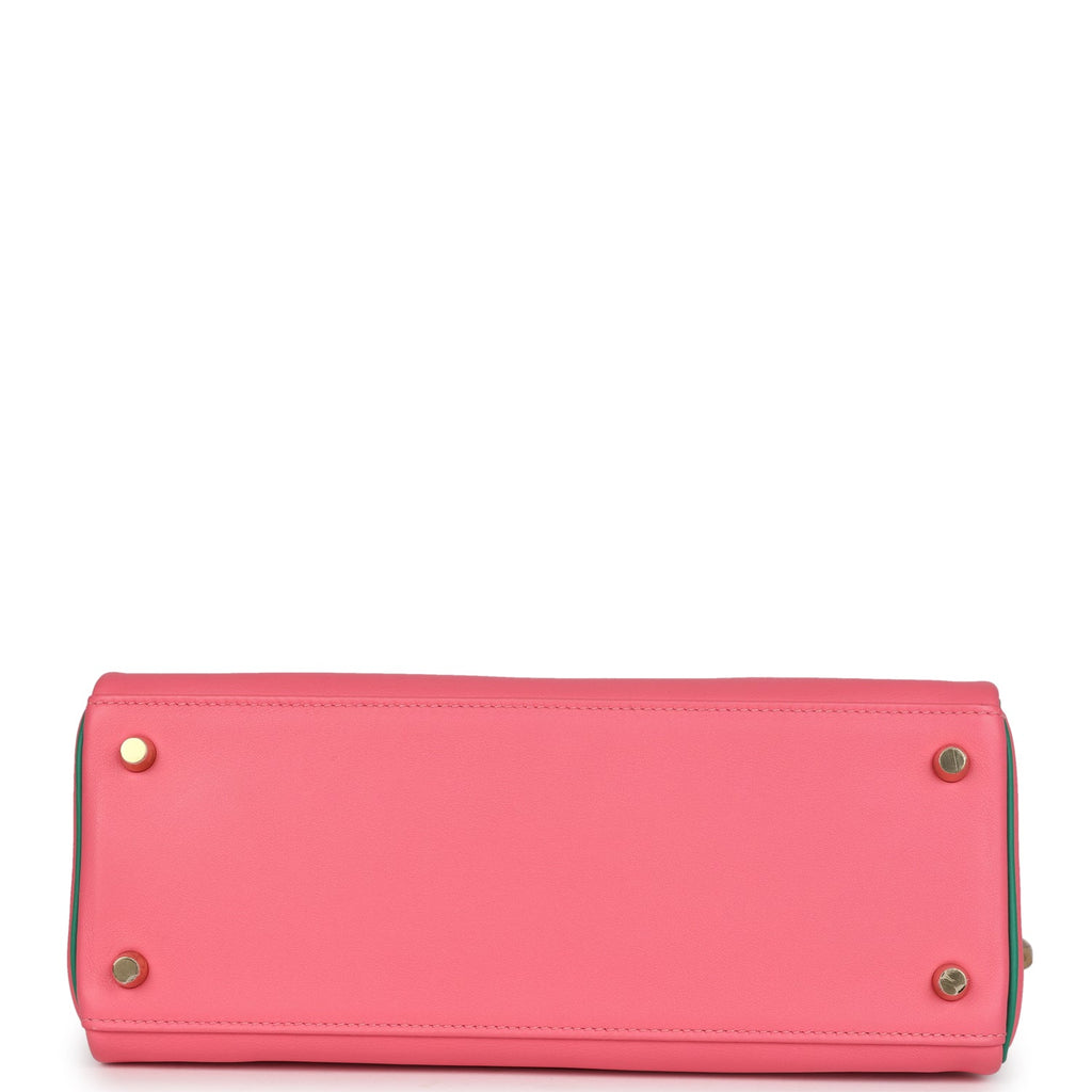 Hermes Special Order (HSS) Kelly Retourne 28 Rose Azalee and Vert Vertigo Swift Gold Hardware - Image 7
