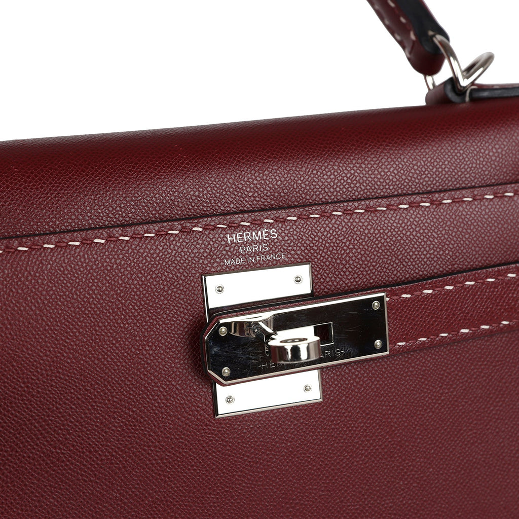 Pre-owned Hermes "Miss You" Kelly Sellier 28 Rouge H Monsieur Palladium Hardware - Image 8