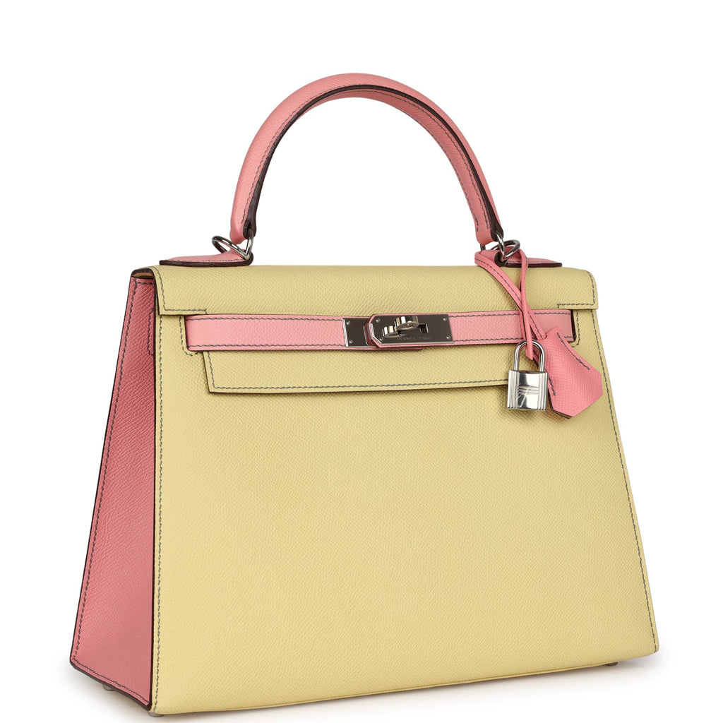 Pre-owned Hermes Special Order (HSS) Kelly Sellier 28 Rose Confetti and Jaune Poussin Epsom Palladium Hardware - Image 3