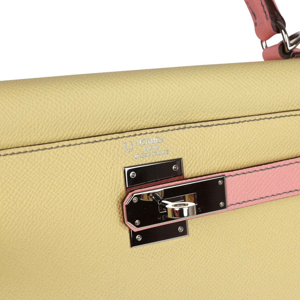 Pre-owned Hermes Special Order (HSS) Kelly Sellier 28 Rose Confetti and Jaune Poussin Epsom Palladium Hardware - Image 8