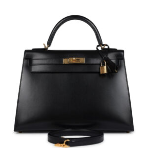 Pre-owned Hermes Kelly Sellier 32 Black Box Gold Hardware