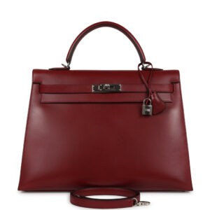 Vintage Hermes Kelly Sellier 35 Rouge H Box Palladium Hardware