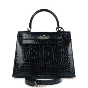 Hermes Kelly Sellier 25 Vert Rousseau Shiny Porosus Crocodile Palladium Hardware