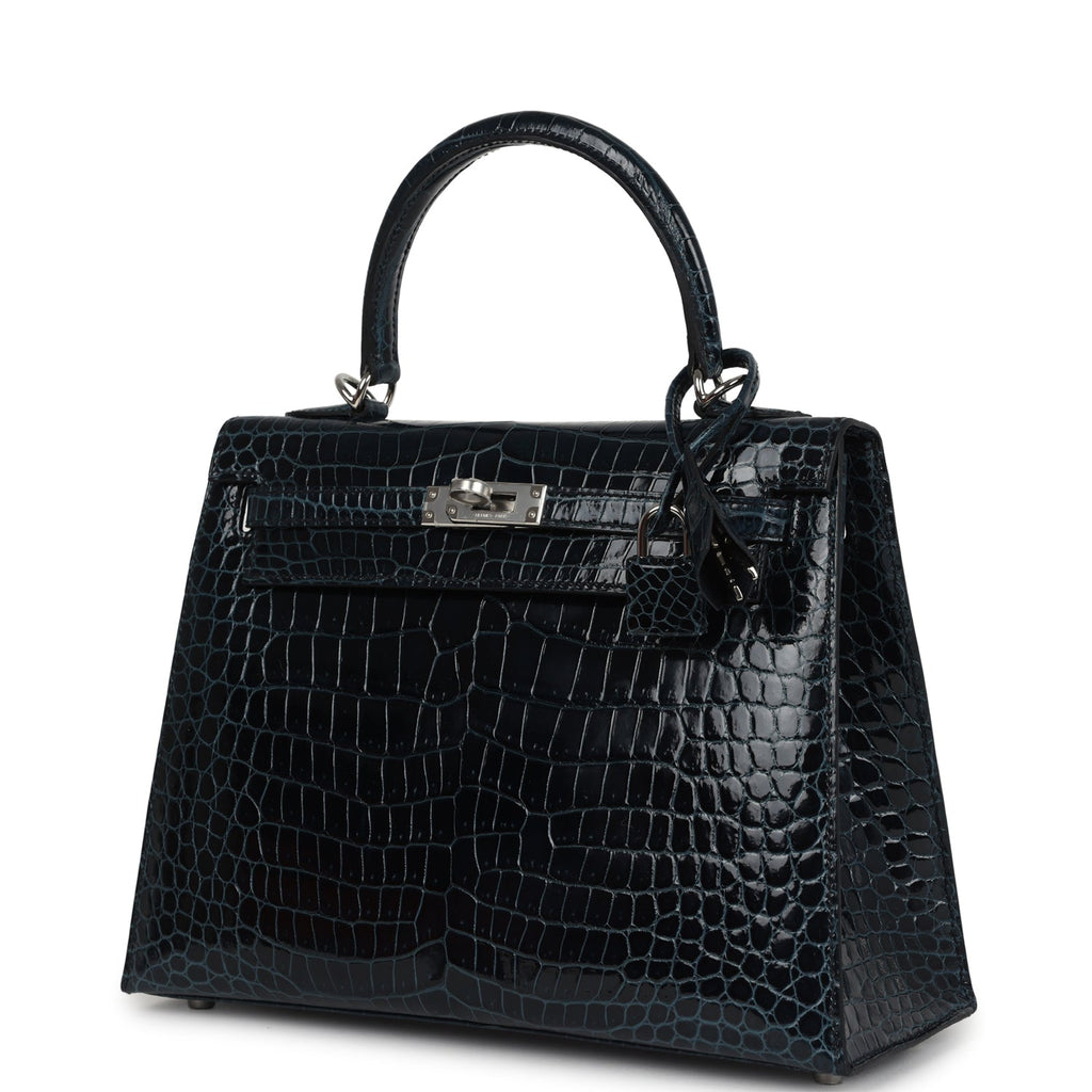 Hermes Kelly Sellier 25 Vert Rousseau Shiny Porosus Crocodile Palladium Hardware - Image 6