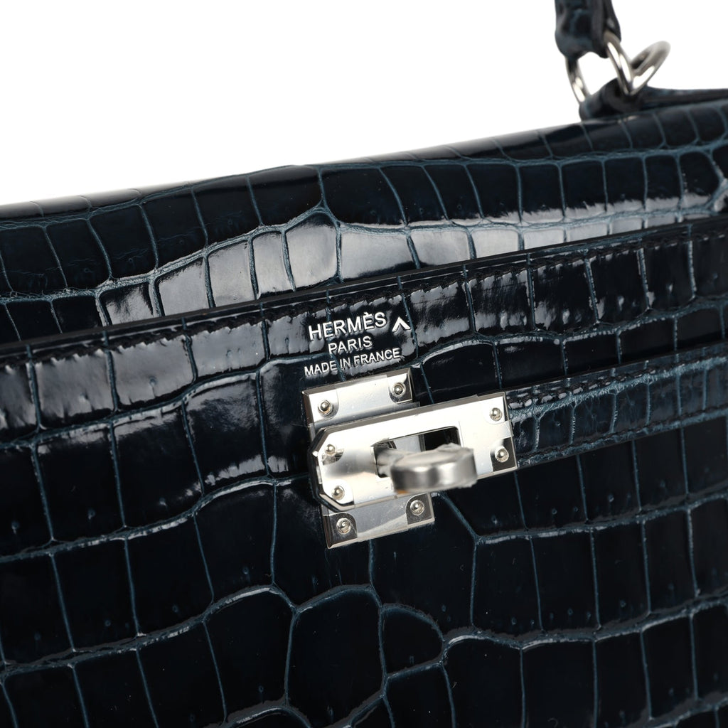 Hermes Kelly Sellier 25 Vert Rousseau Shiny Porosus Crocodile Palladium Hardware - Image 8