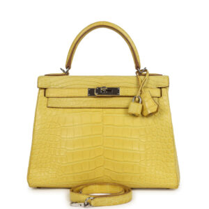 Pre-owned Hermes Kelly Retourne 28 Mimosa Matte Alligator Mississippiensis Palladium Hardware