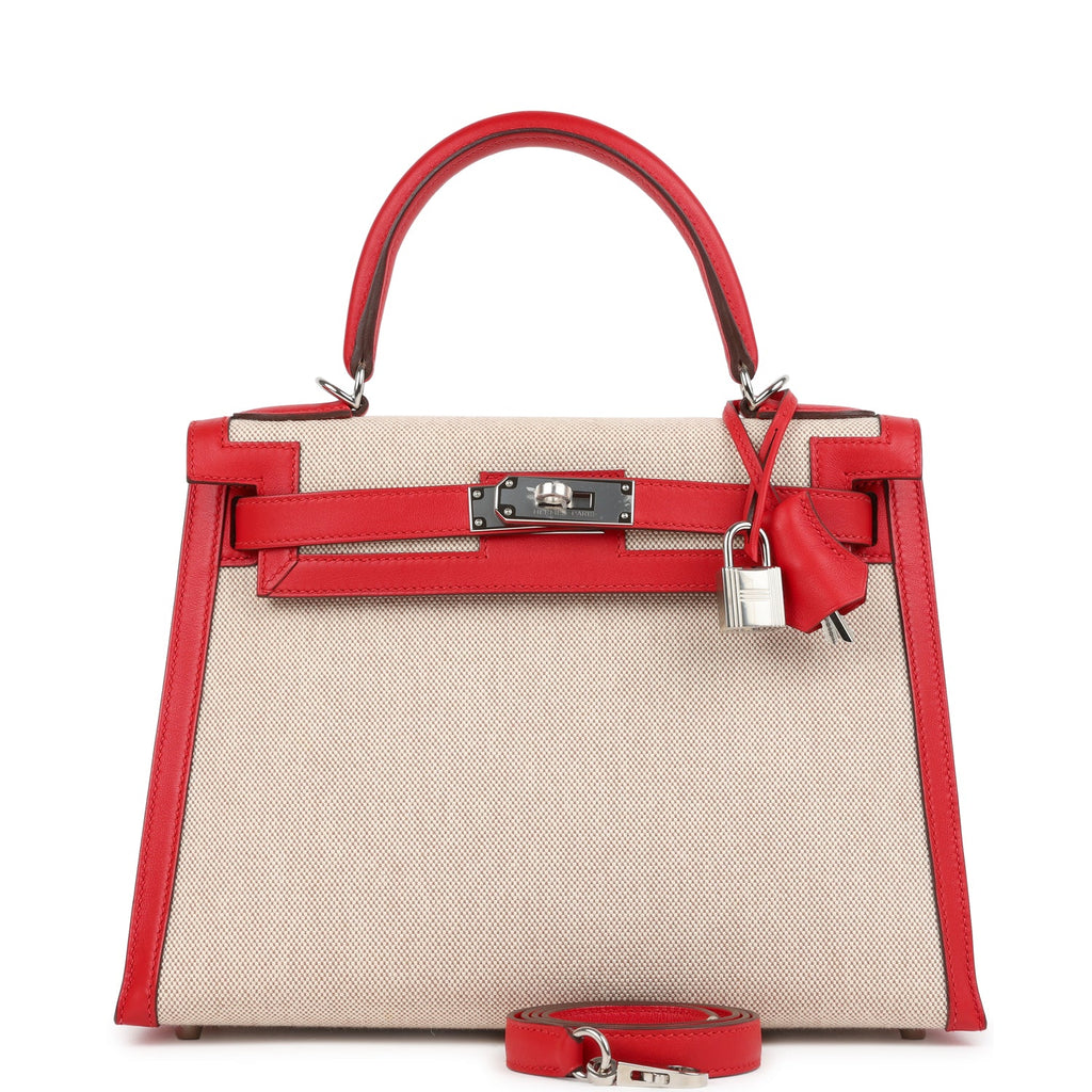 Pre-owned Hermes Kelly Sellier 28 Rouge De Coeur Swift and Beige-Ecru Toile H Canvas Palladium Hardware