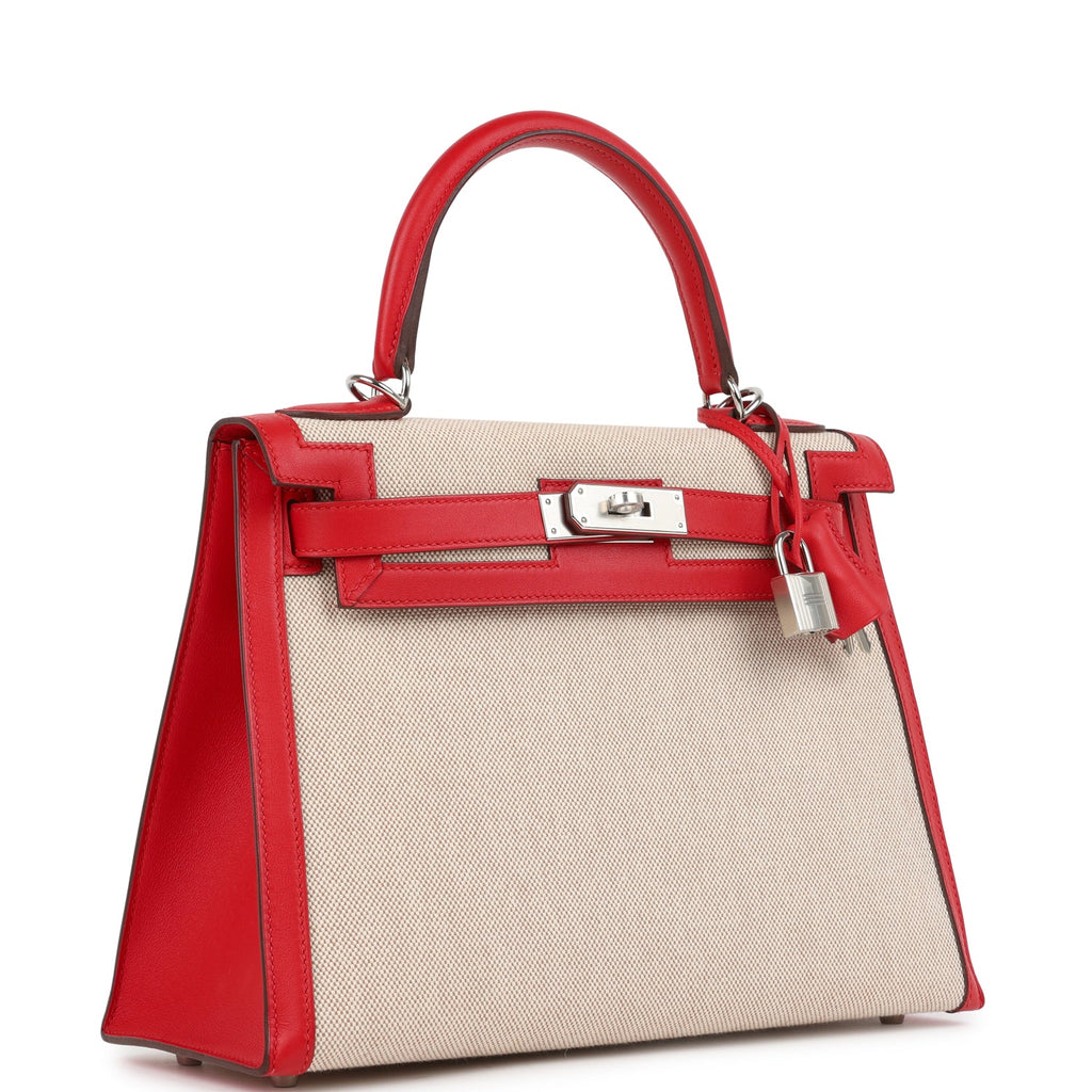 Pre-owned Hermes Kelly Sellier 28 Rouge De Coeur Swift and Beige-Ecru Toile H Canvas Palladium Hardware - Image 3