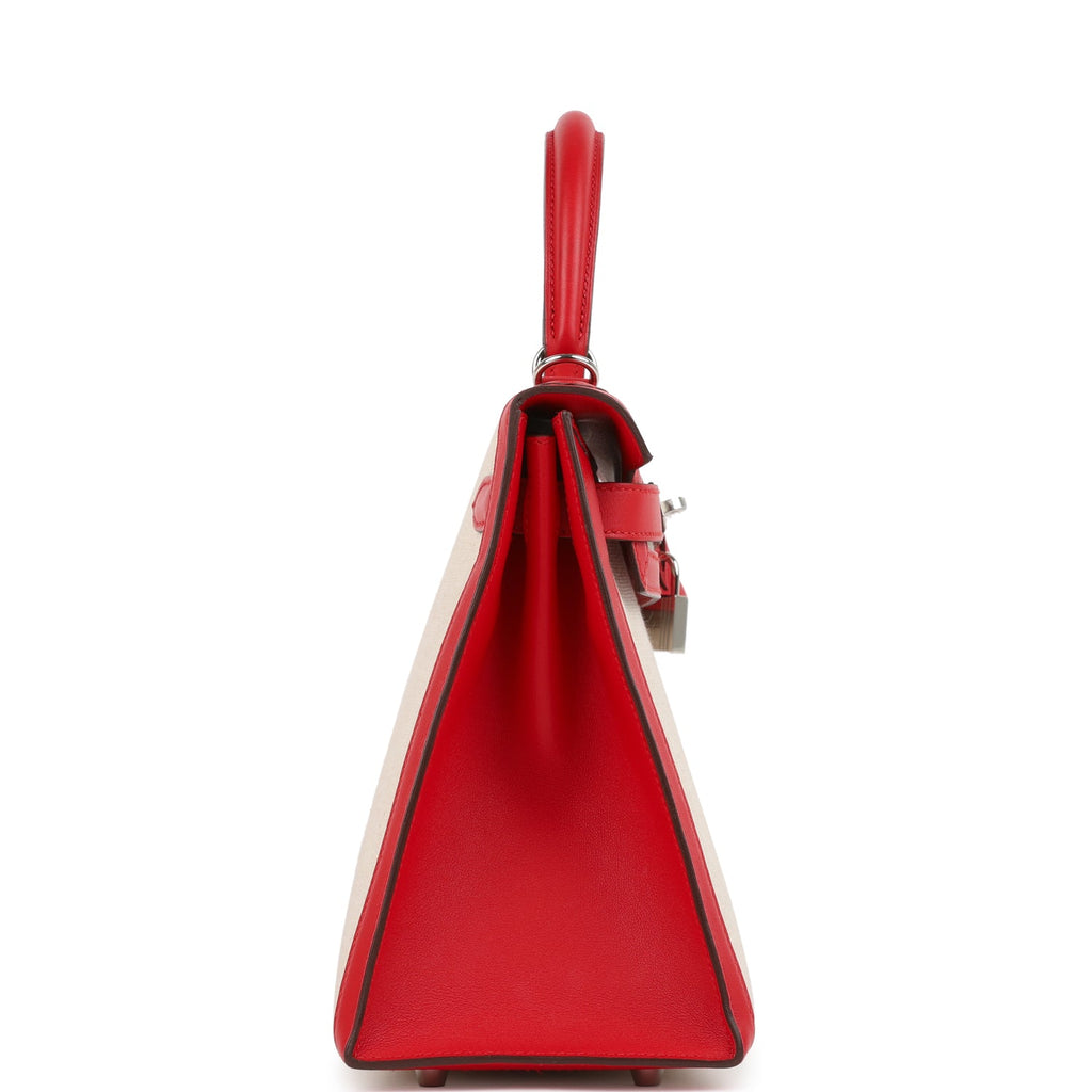 Pre-owned Hermes Kelly Sellier 28 Rouge De Coeur Swift and Beige-Ecru Toile H Canvas Palladium Hardware - Image 4