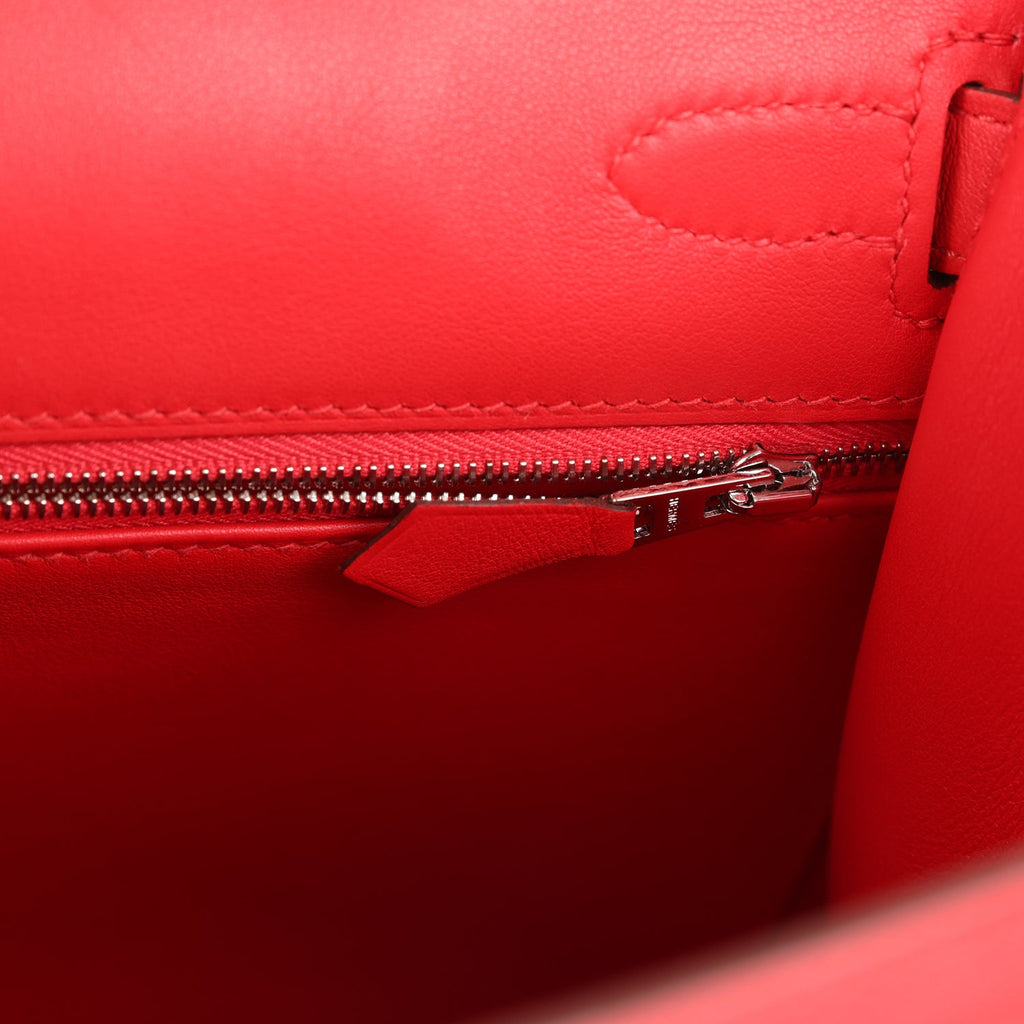Pre-owned Hermes Kelly Sellier 28 Rouge De Coeur Swift and Beige-Ecru Toile H Canvas Palladium Hardware - Image 10