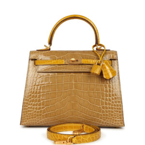 Hermes Special Order (HSS) Kelly Sellier 25 Beige Sable and Jaune Ambre Shiny Alligator Mississpiensis Brushed Gold Hardware