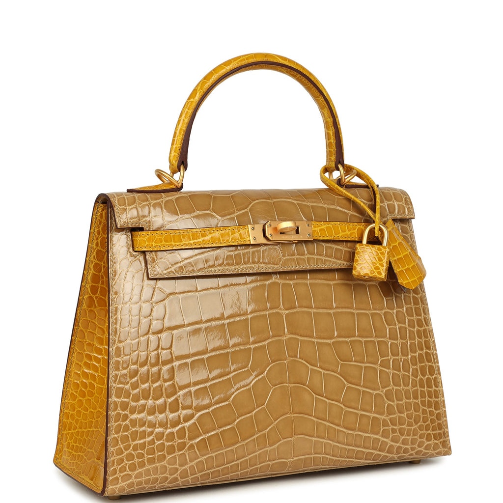 Hermes Special Order (HSS) Kelly Sellier 25 Beige Sable and Jaune Ambre Shiny Alligator Mississpiensis Brushed Gold Hardware - Image 3